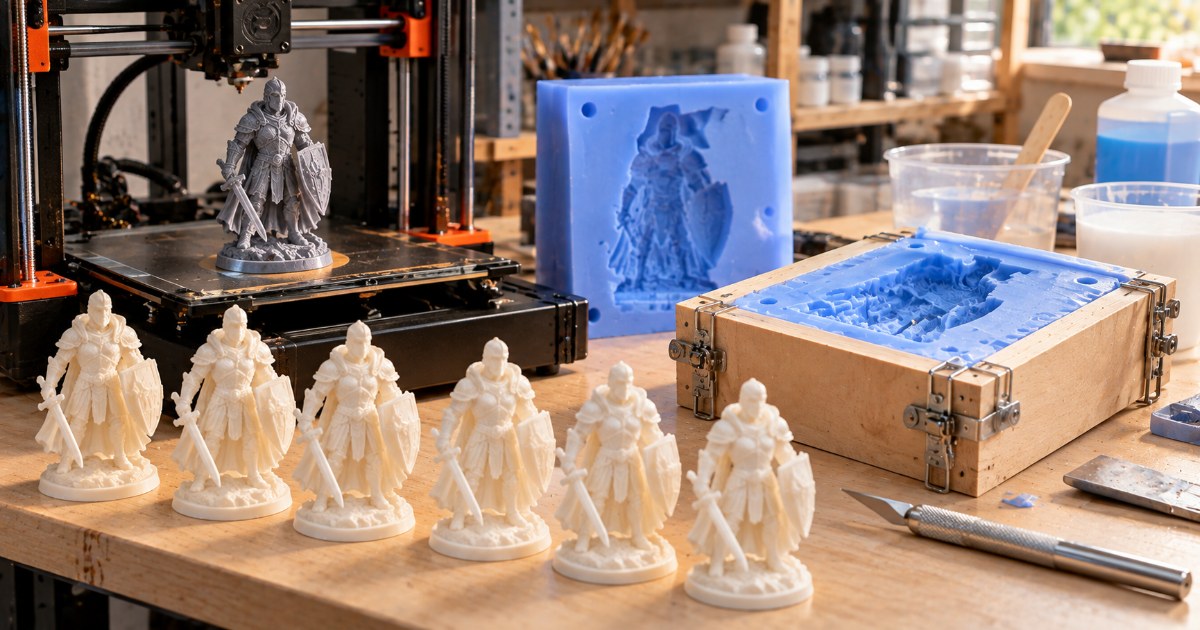 Drukarka 3D z wydrukowaną figurką, forma silikonowa w skrzynce i rząd identycznych odlewów z żywicy