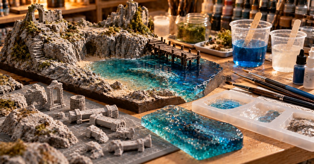 Stół modelarza z miniaturową dioramą, skalistym terenem z gipsu, małymi odlewami części i przezroczystym odlewem imitującym wodę